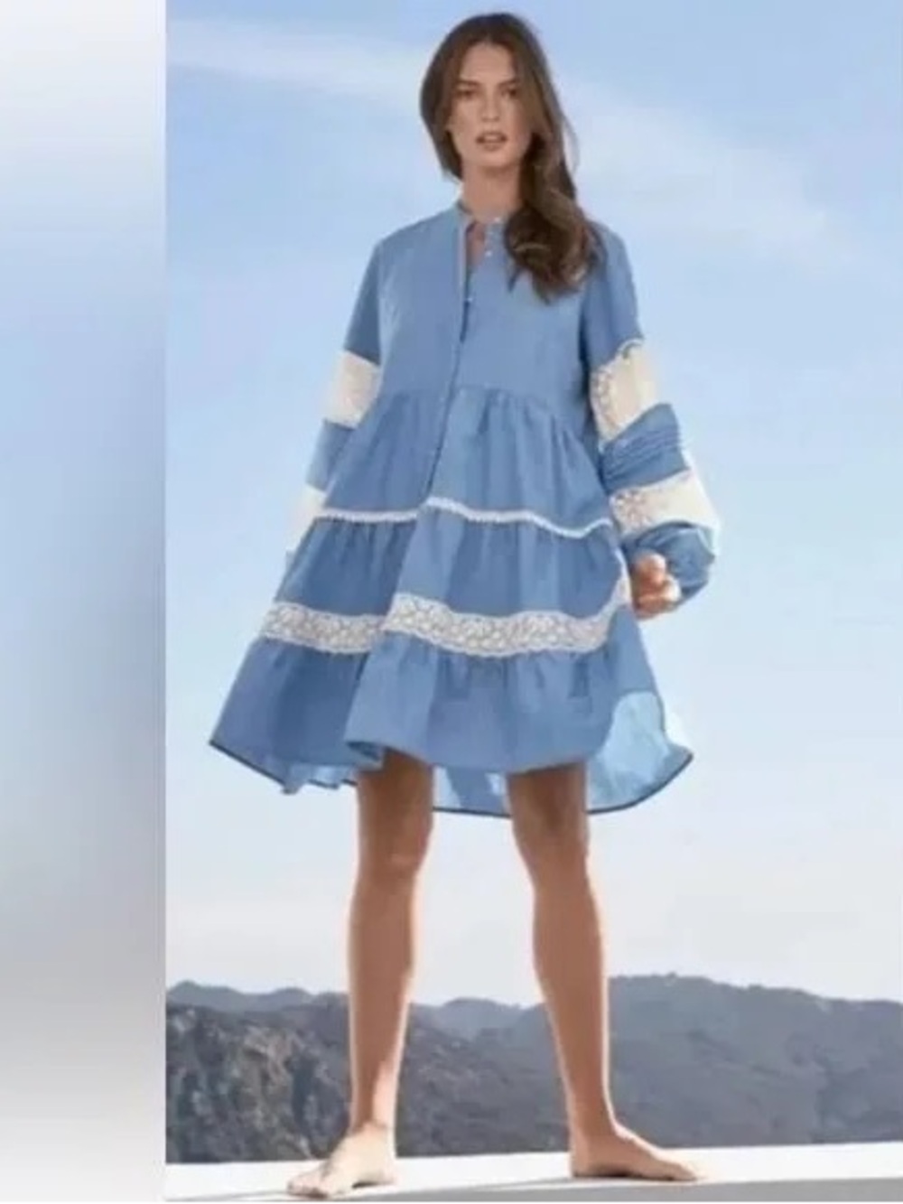 Johnny Was Laguna Tiered Chambray and Lace Mini Dress